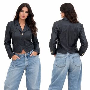 Lord & Taylor Petites Cropped Leather Blazer Gold Buttons Early Y2K